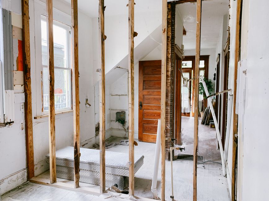 Stud walls exposed during a refurbishment