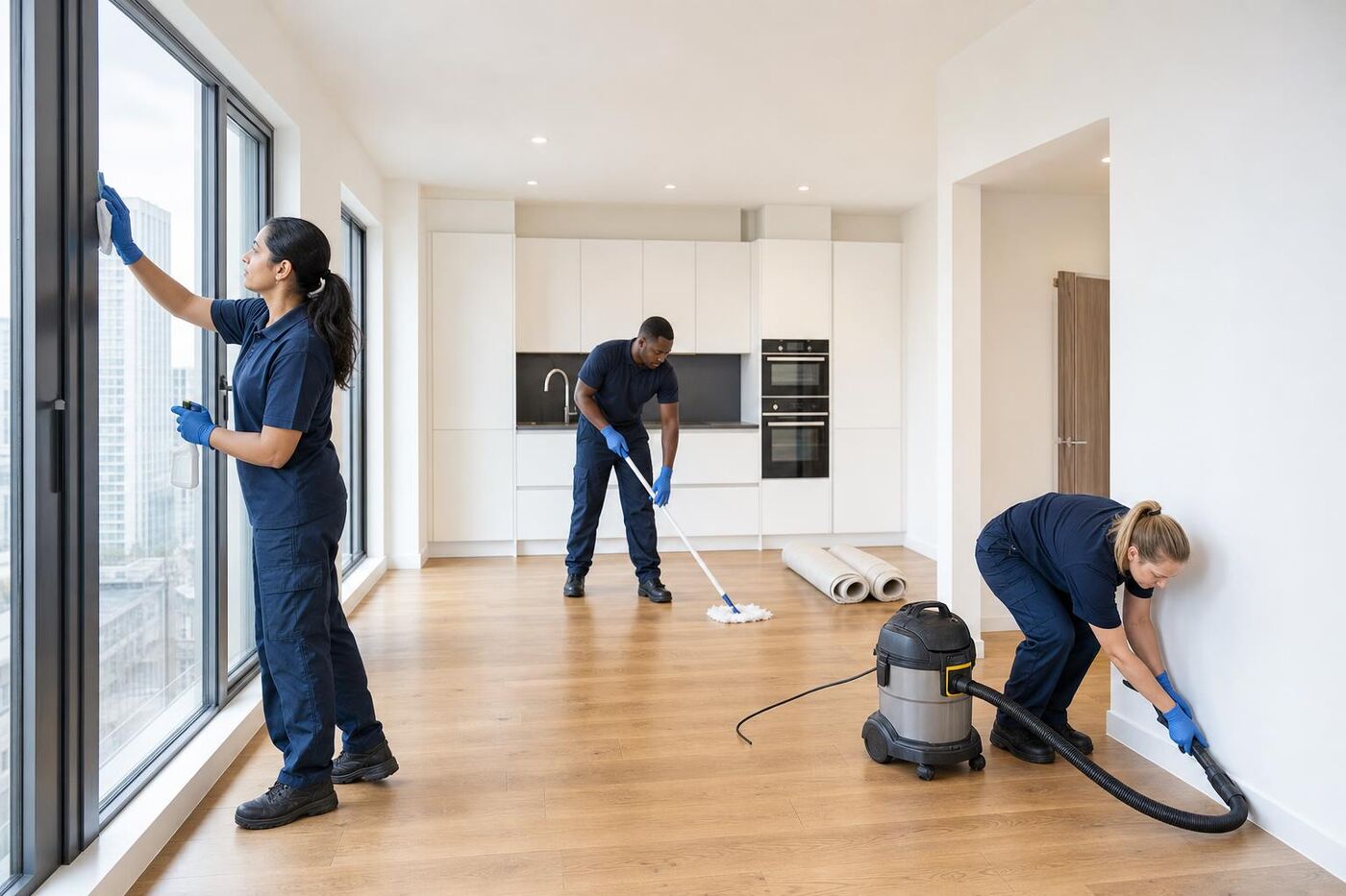 A uniformed cleaning team carrying out a pre-handover clean in a new apartment